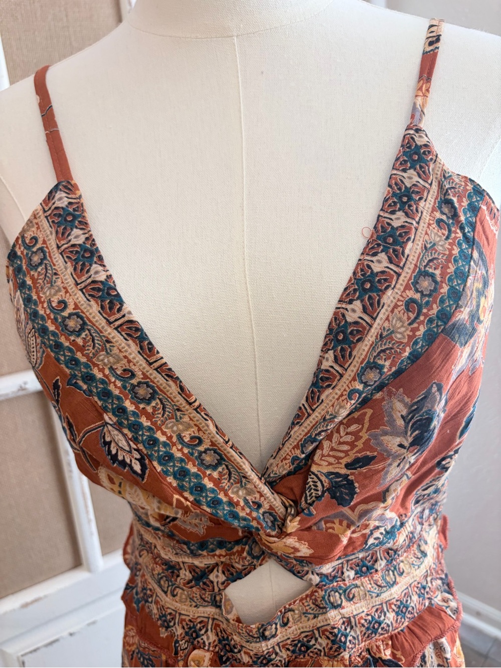 Angie Cutout Asymmetrical Handkerchief Maxi Dress L Rust Boho